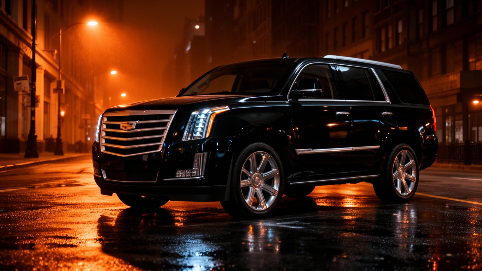 Black luxury SUV under city lights
